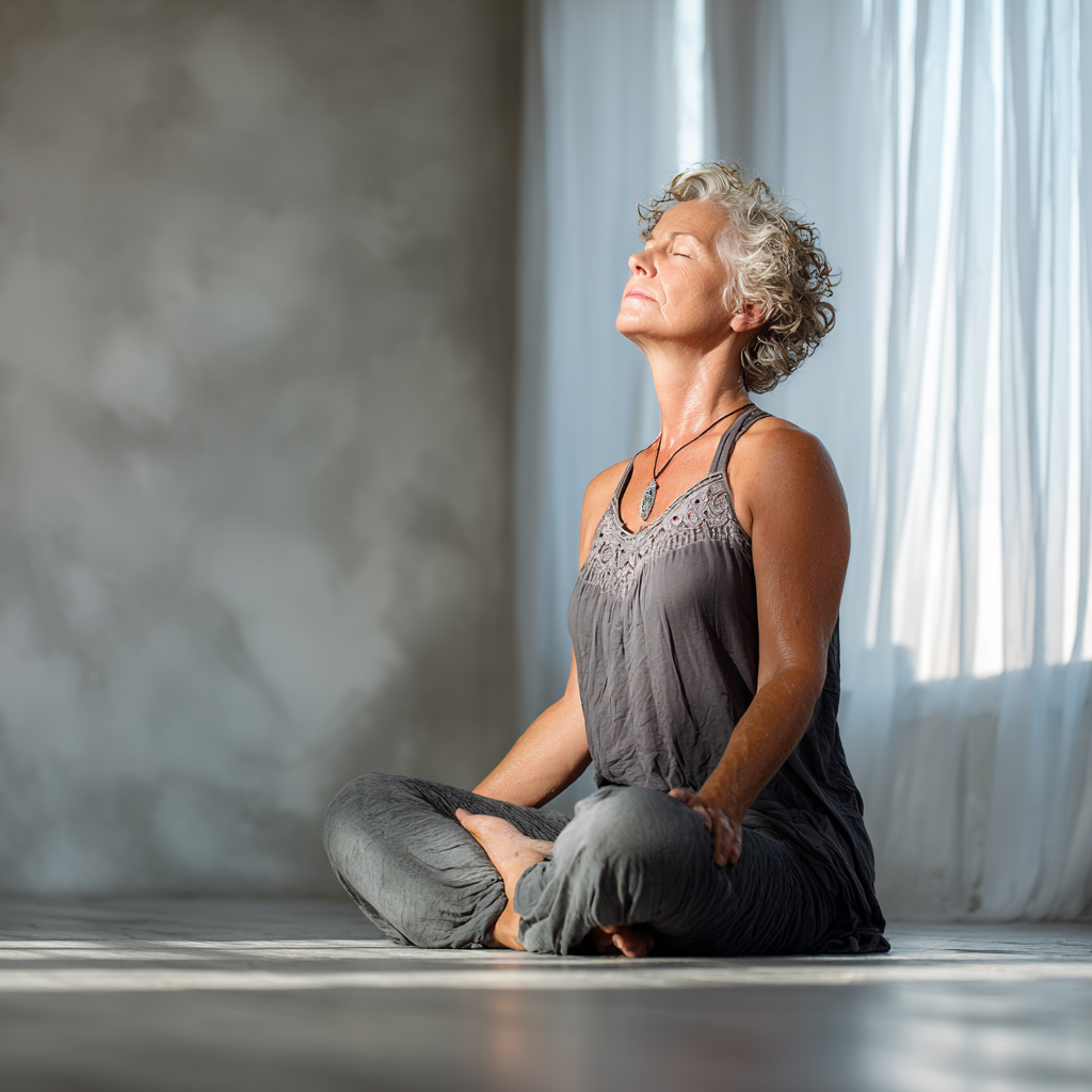 middle-aged woman practicing yoga in peaceful studio environment