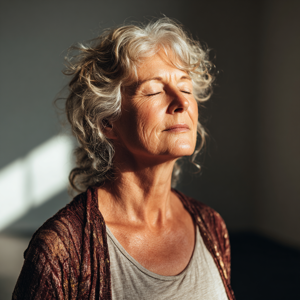 serene older adult practicing meditation in natural light studio